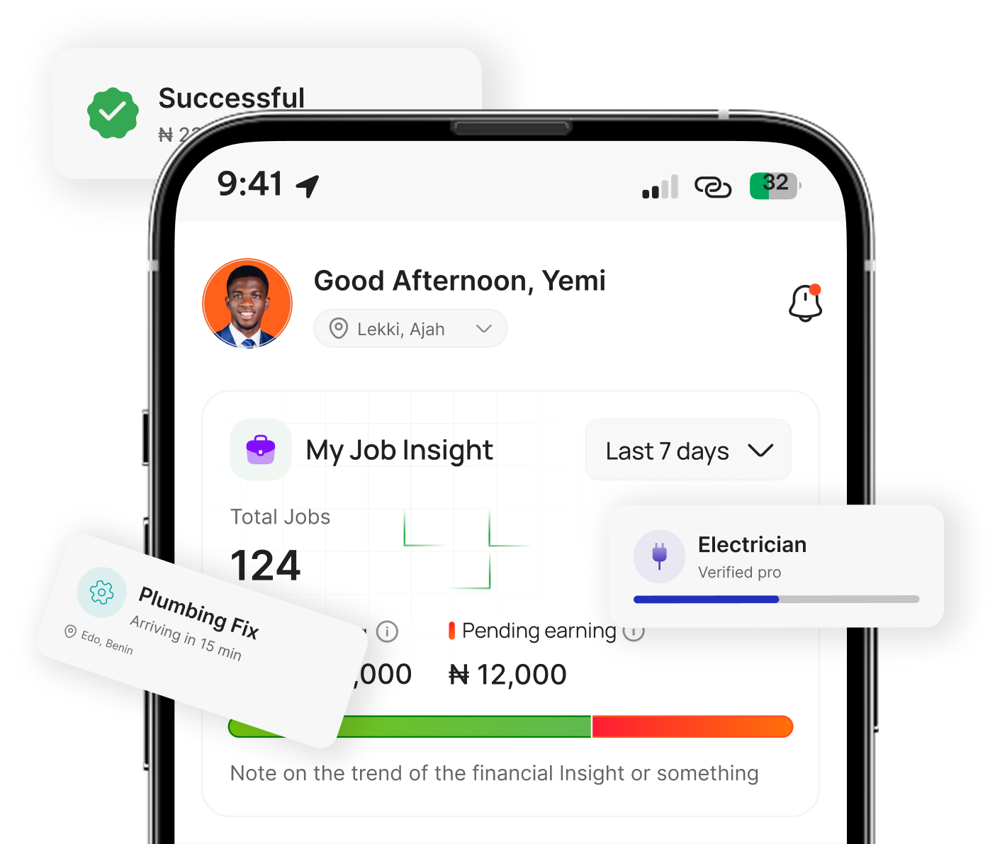 Feexeet app showing verified tradespeople and job management