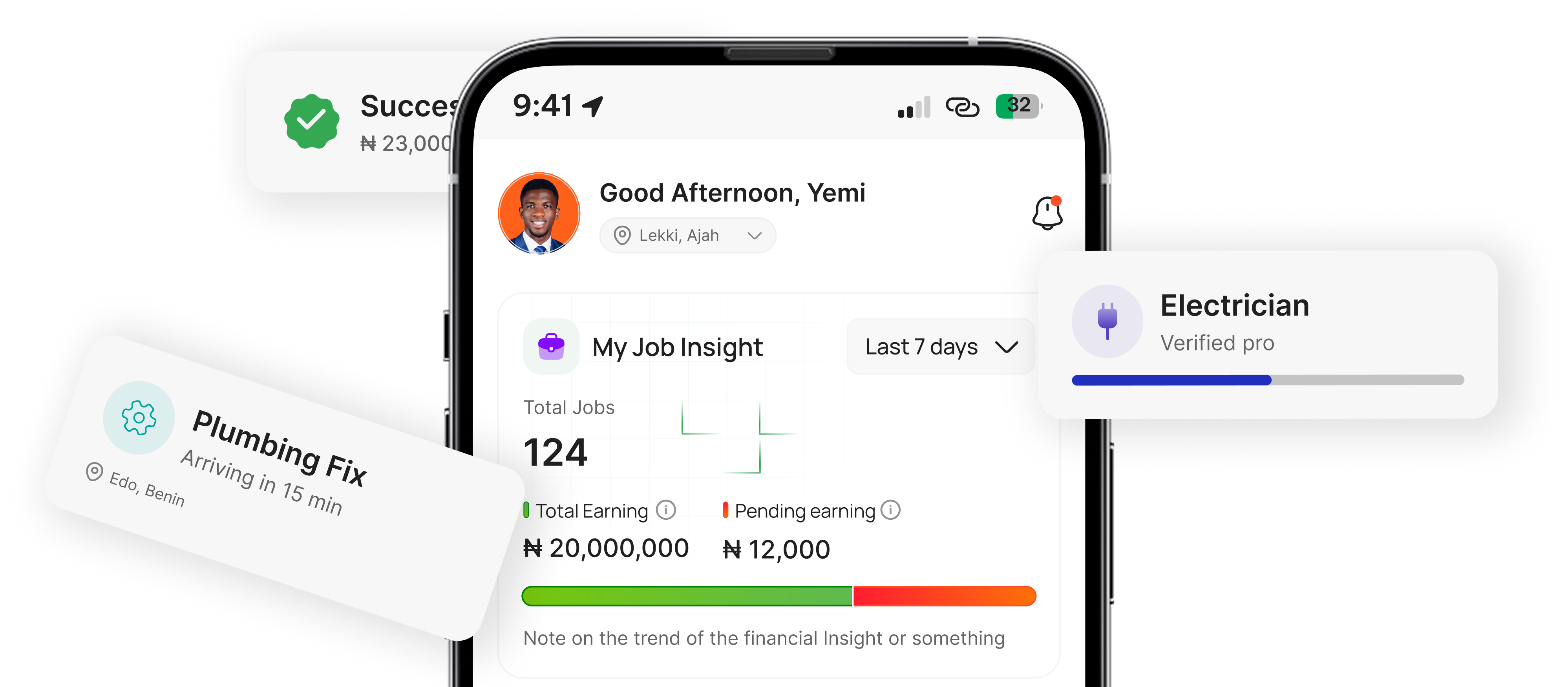 Feexeet app showing verified tradespeople and job management